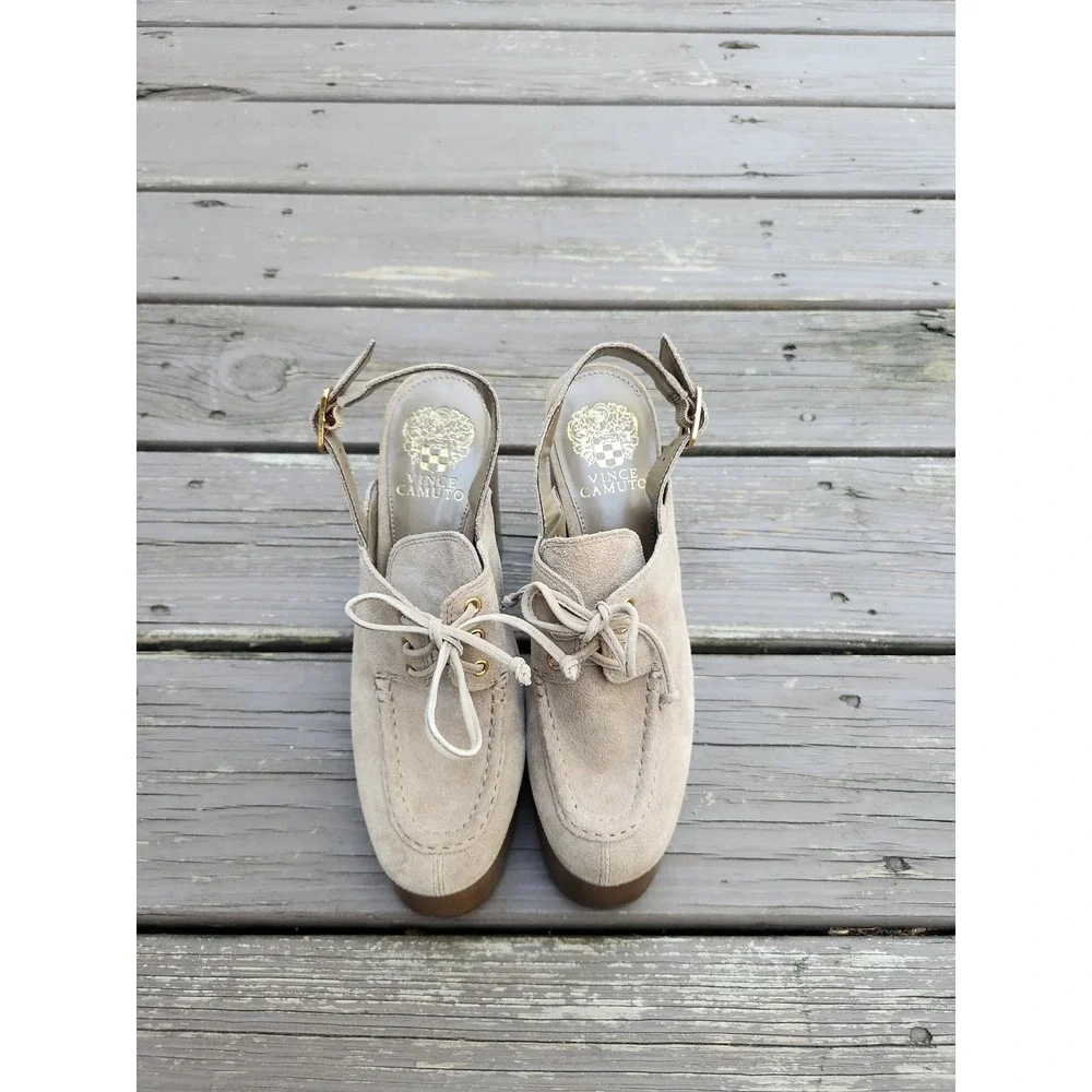Vince Camuto Inerta Platform Sandals Tan Suede Wood Block‎ Heel Lace Up 8M